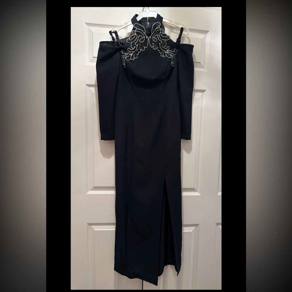 Black Embellished Cold-Shoulder Evening Dress